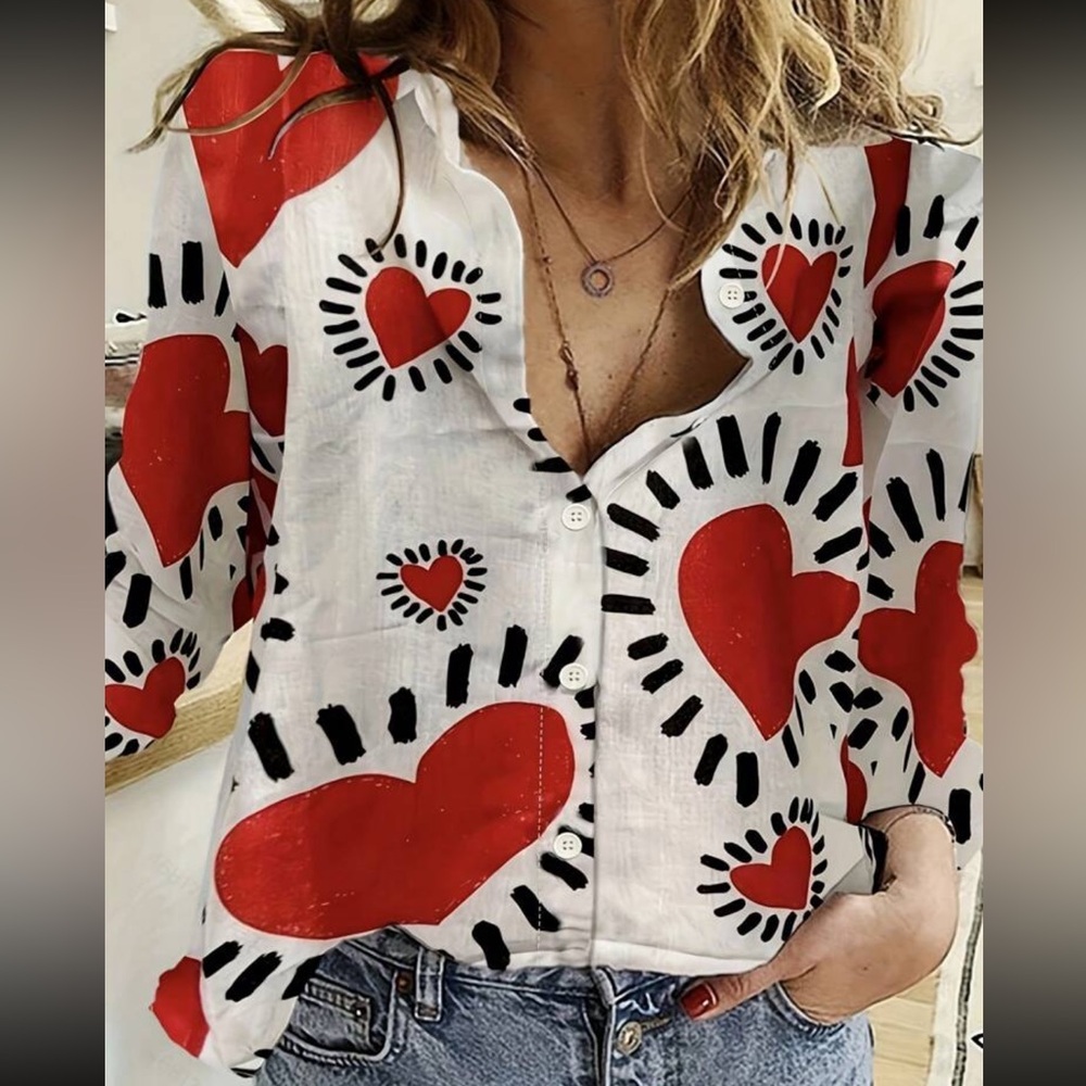 Boho Heart Print Button Down Up Shirt Top Blouse - Picture 5 of 11
